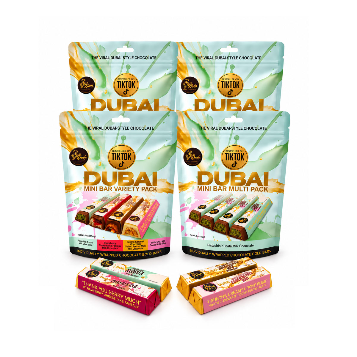 Four stand-up pouches of TIKTOK Dubai Mini Bar Variety Pack arranged in a 2x2 grid on a white background. The packaging is light blue and green with gold and orange accents, featuring images of assorted chocolate bars.